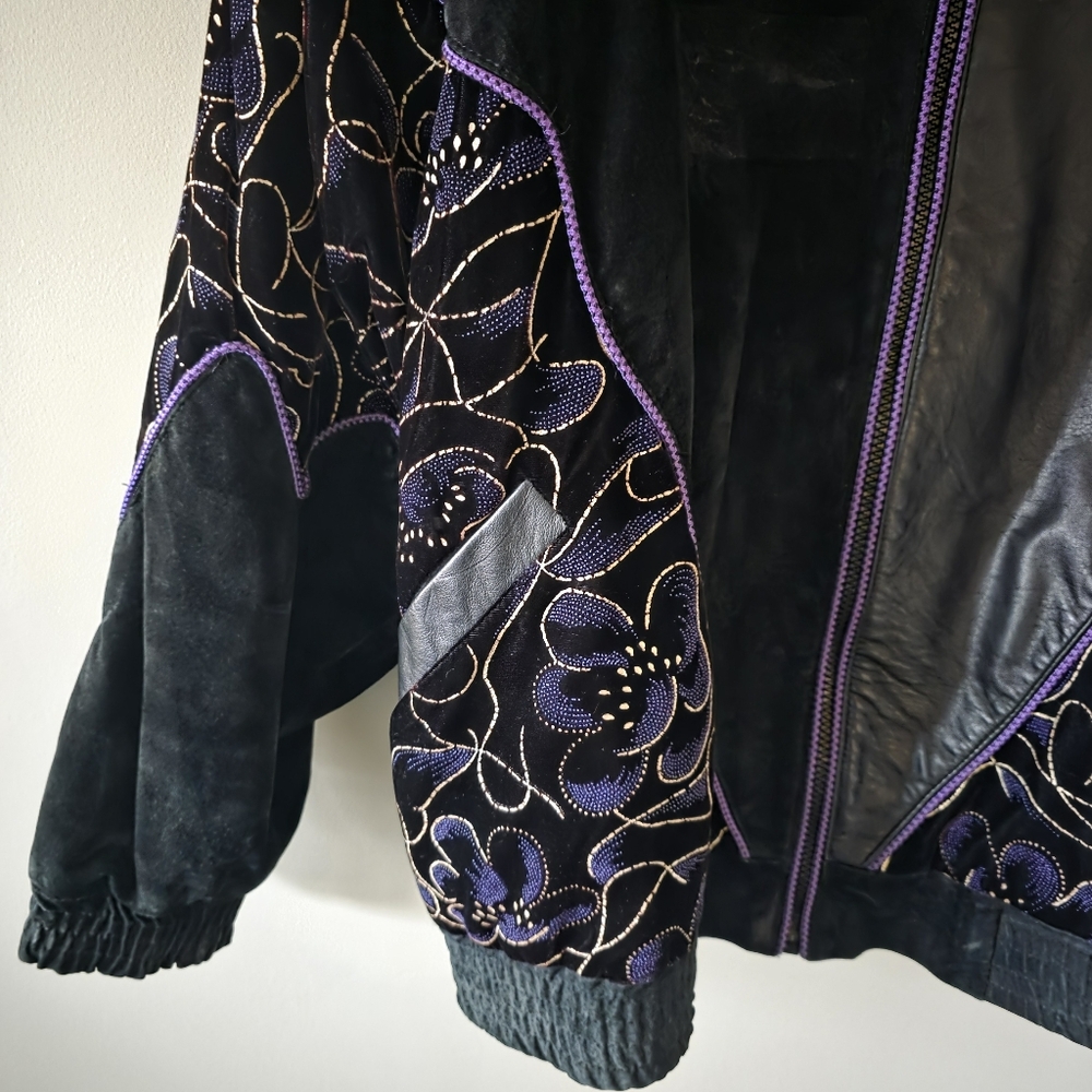 Alia L Vintage 80s 90s Eclectic Retro Leather Suede & Velvet Bomber Jacket - Picture 7 of 16